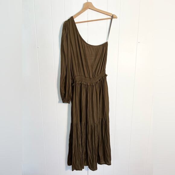 Anthropologie Grade and Gather Starla one shoulder dress brown satin neutral - Picture 3 of 9
